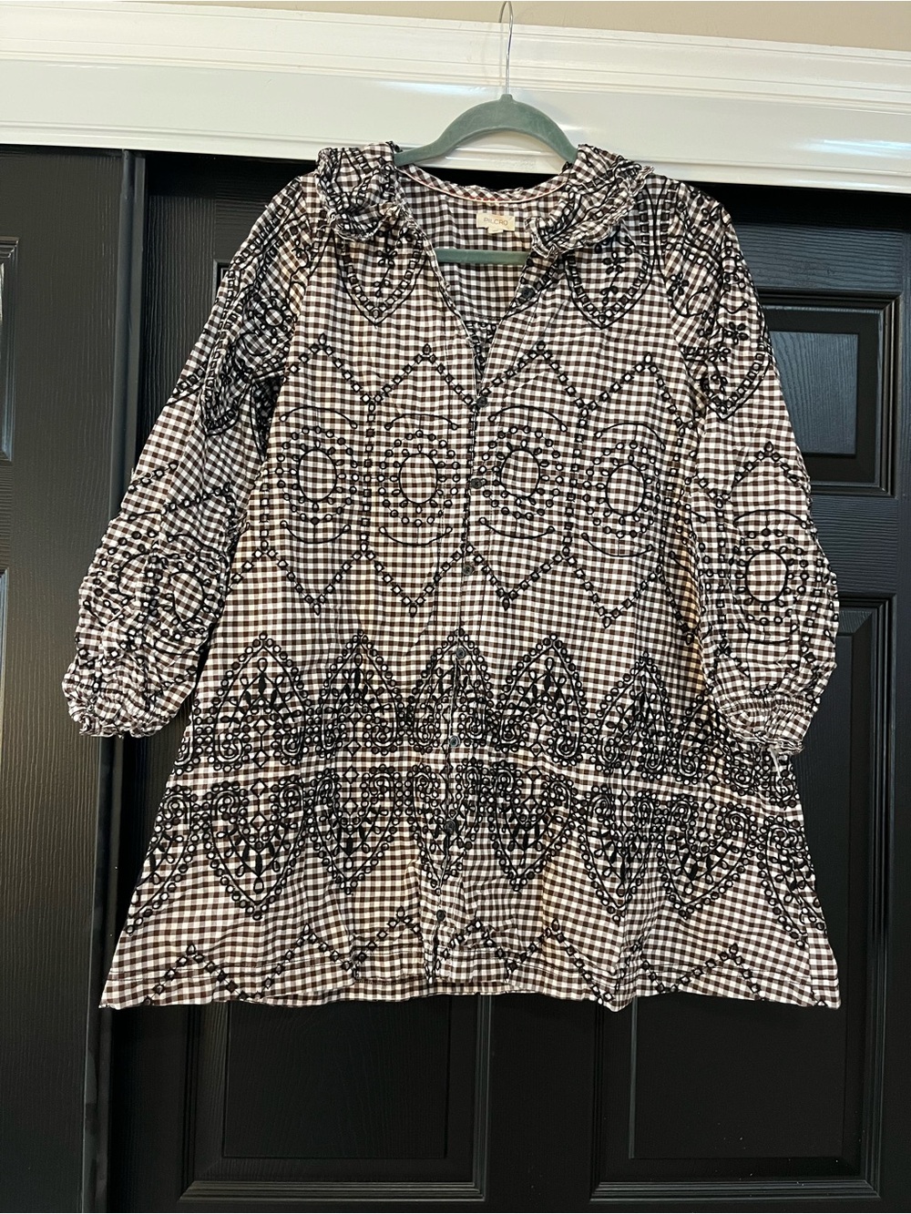 Pilcro Brown, Black and White Gingham Embroidered Mini Dress